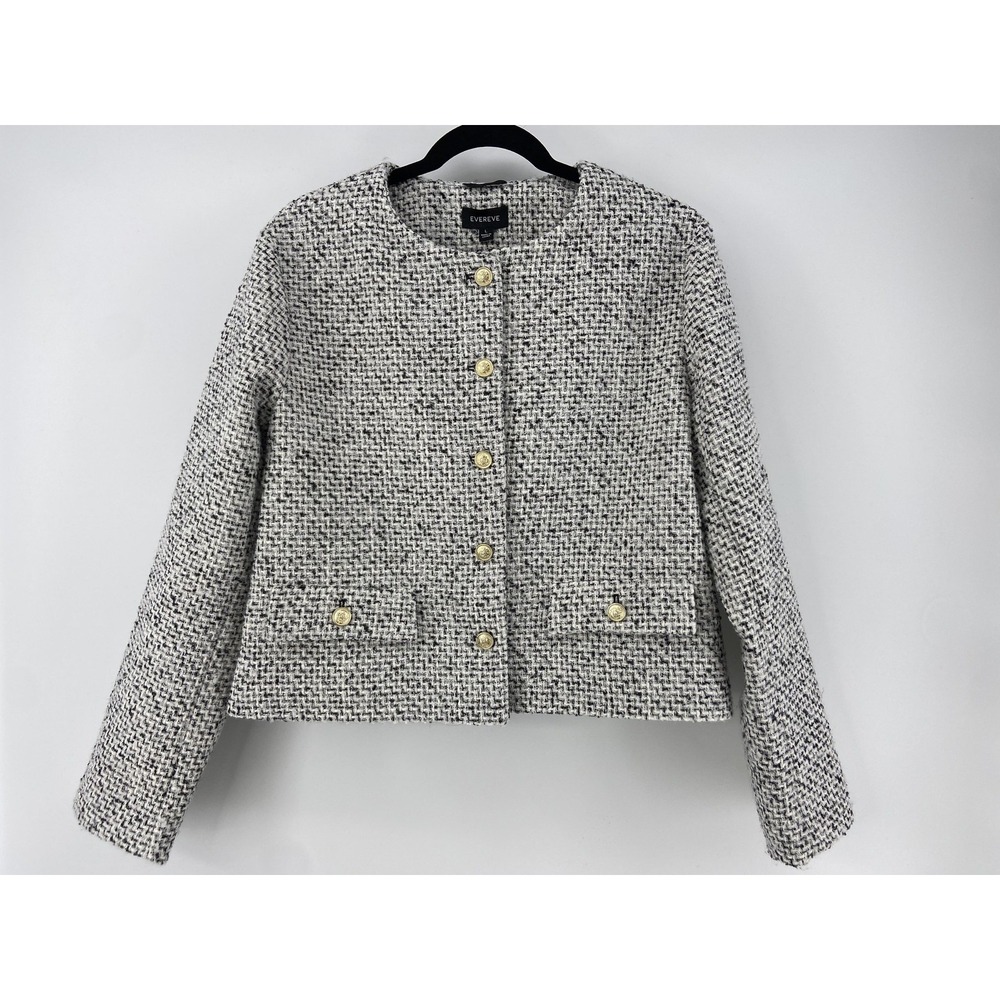 Evereve Jacket Women Large Gray Tweed Check Blazer Gold Button Office Crop Lined